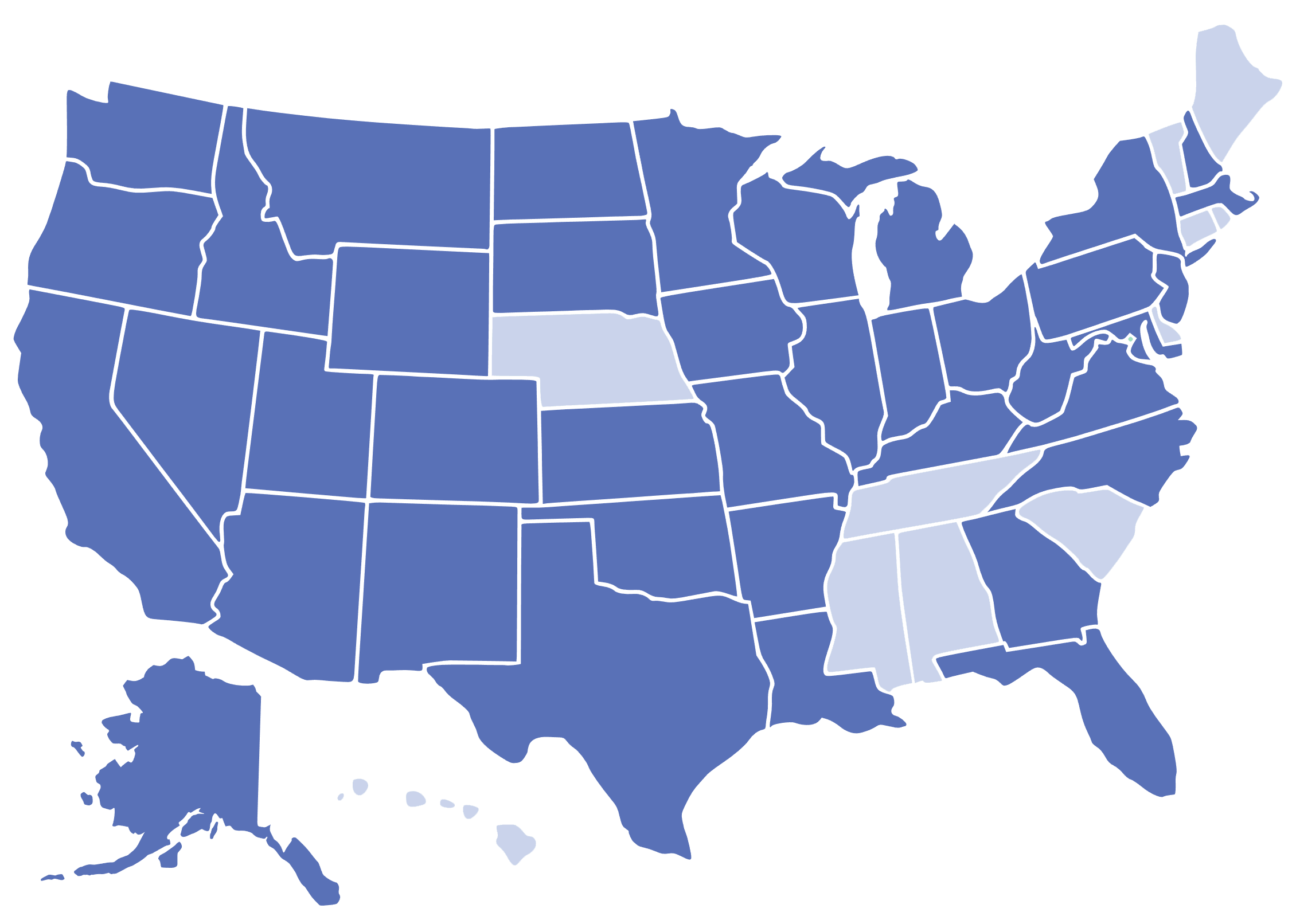 Map of the United States highlighting the 40 states where fairs use FairEntry